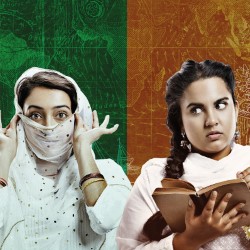 The image is split in half. On a dark green background with lighter green map markings, on the left hand side of the picture, a woman wearing a white polkadot top and veil and bangles on her arms pulls the veil up to cover the bottom half of her face, leaving only her eyes and forehead to be seen. She has an air of cheekiness about her. On the right hand side, on a rust coloured background with orange map markings, a woman with dark hair in a side plat, dangly earrings and a pale pink, long sleeved top writes in a book. She looks down to her left, as if she is considering something worrying.