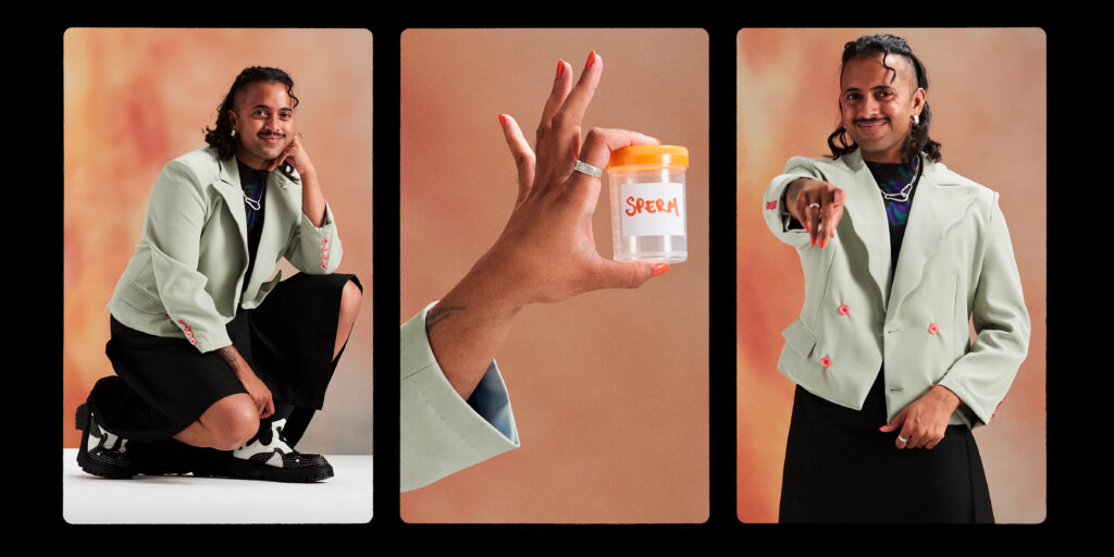 A triptych of photographs of Krishna Istha by Jordan Rossi: In the first, Krishna smiles into camera (brown, trans masc person with shoulder-length black hair) wearing a mint green jacket, mesh top, silver carabiner on a chain, black kilt, black & white cow print boots, kneels on one knee with their chin resting on their hand. The second shows Krishna's hand holding a clear container with an orange lid and a label marked 'Sperm' in red handwriting between their thumb and forefinger. On their forefinger is a silver ring and they are wearing red nail polish. Their mint green jacket sleeve is visible. The third photo shows Krishna in the same outfit, smiling and pointing to camera, straight on.