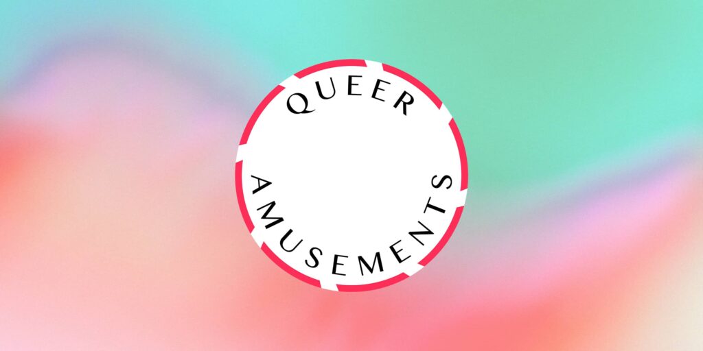 The Queer Amusements logo, by Polari Design, on a pastel rainbow background.